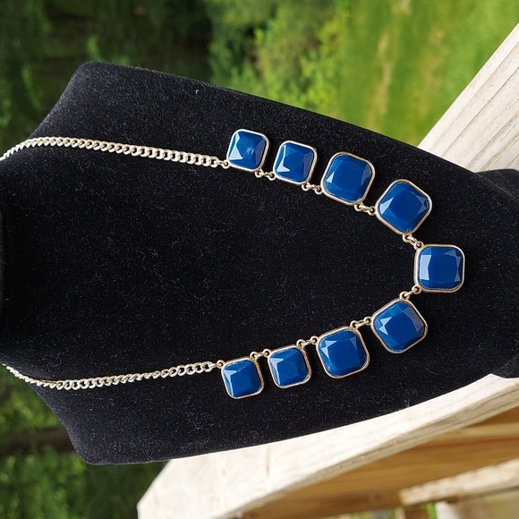 Cobalt Blue Square Stone Statement Chunky Necklace - Picture 7 of 11